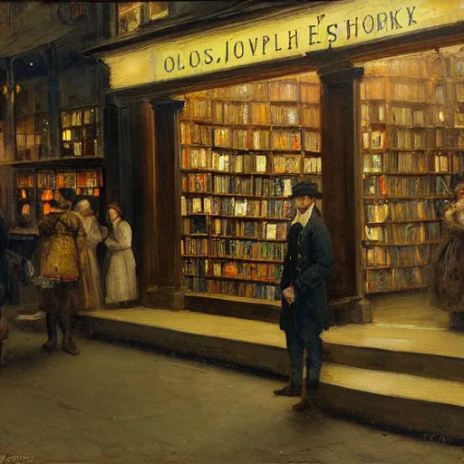 Image similar to Solomon Joseph Solomon and Richard Schmid and Jeremy Lipking victorian genre painting painting of an english 19th century english bookshop store front on a stone city streat with shops and stores at night with cozy lights