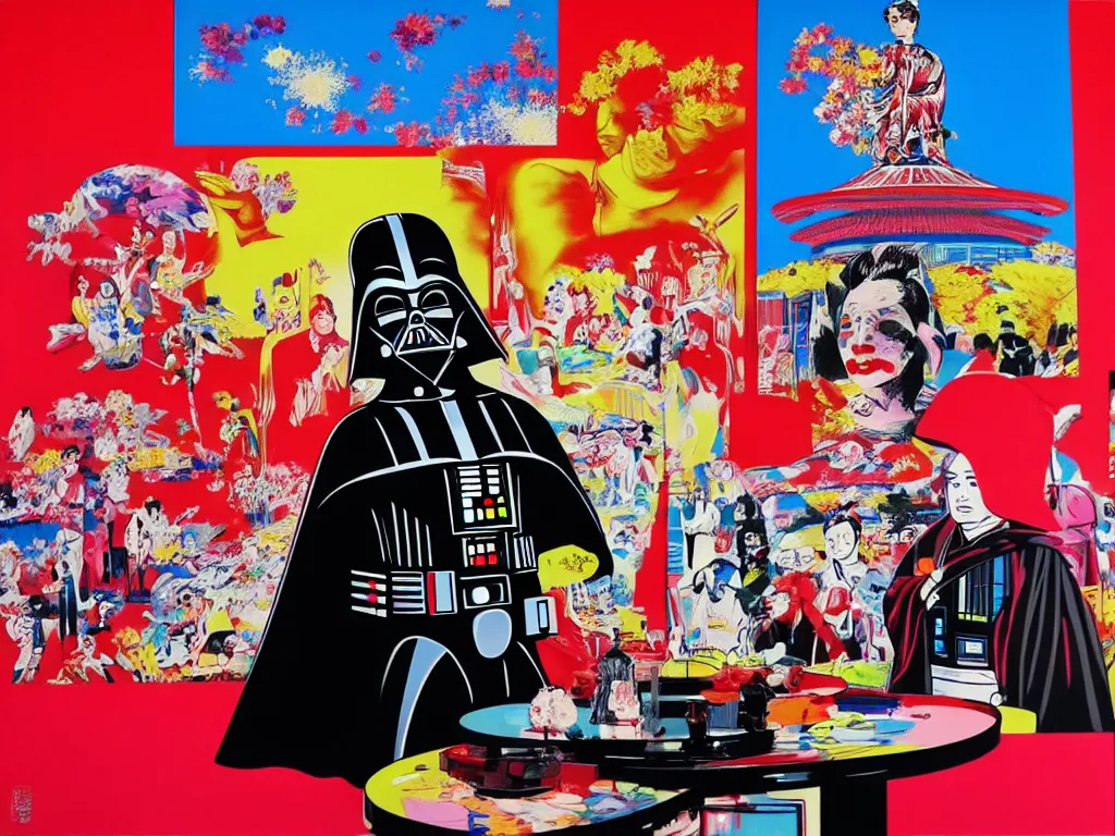 Image similar to hyperrealistic composition, in the middle the woman in a japanese kimono, behind her stands the darth vader, in front of her a table from the casino, in the background is mount fuji and fireworks, pop - art style, jacky tsai style, andy warhol style, acrylic on canvas