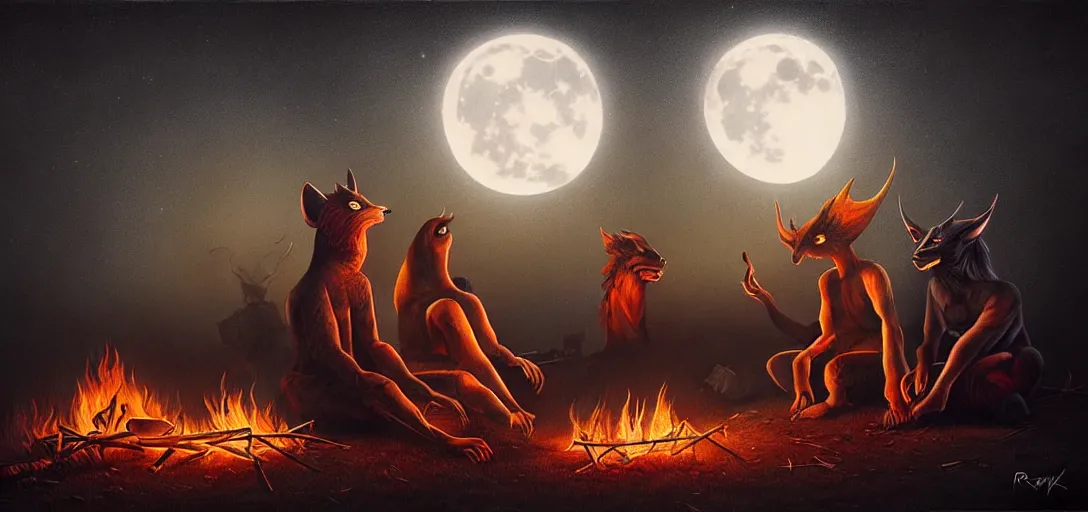 Image similar to strange mythical beasts of sitting around a fire under a full moon, surreal dark uncanny painting by ronny khalil