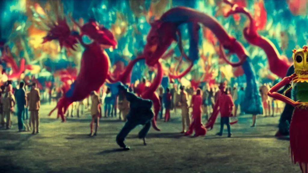 Image similar to the forbidden creature at the carnival, , film still from the movie directed by Denis Villeneuve with art direction by Jack Kirby, wide lens