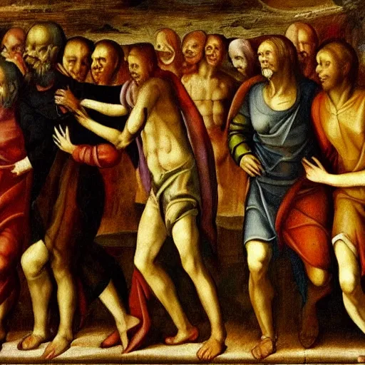 Image similar to alien walking between people, Renaissance painting style, detailed faces