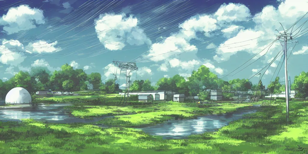 Image similar to round white dome and power lines, by a river and fields, art station, digital art, Studio Ghibli