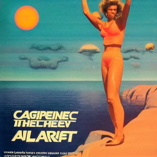 Image similar to cigarette add of beachbody on an alien planet. cosmic. synthwave. 1 9 8 0 s. retro.