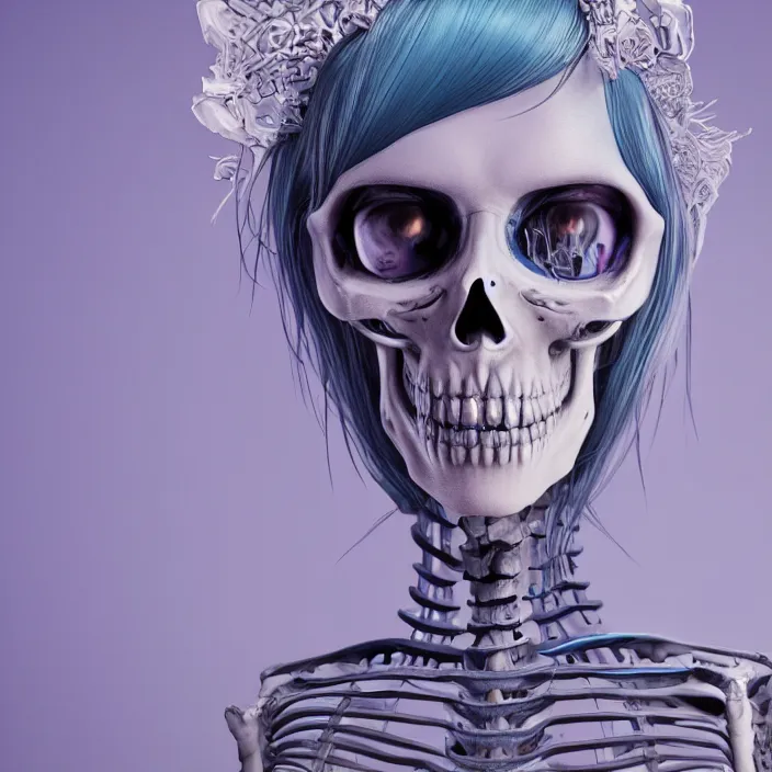 Image similar to portrait of female alt model with blue hair as a skeleton. intricate abstract. intricate artwork. nightmare fuel. by Tooth Wu, wlop, beeple, dan mumford. octane render, trending on artstation, greg rutkowski very coherent symmetrical artwork. cinematic, hyper realism, high detail, octane render, 8k, iridescent accents