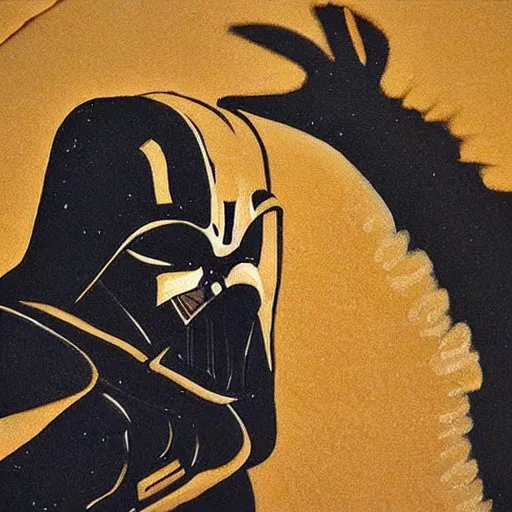 Image similar to Cave painting of Darth Vader fighting