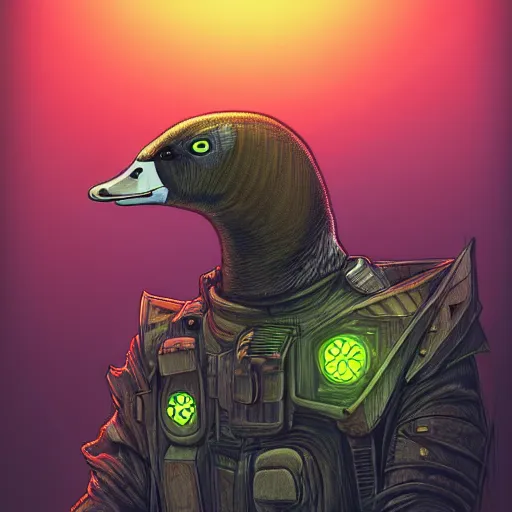 Prompt: a goose in a detective suit, bird, dystopia core, apocalyptic, armor, warrior, dramatic, sharp focus, fiction, neon, fantasy, hyper detailed, digital art, trending in artstation, cinematic lighting