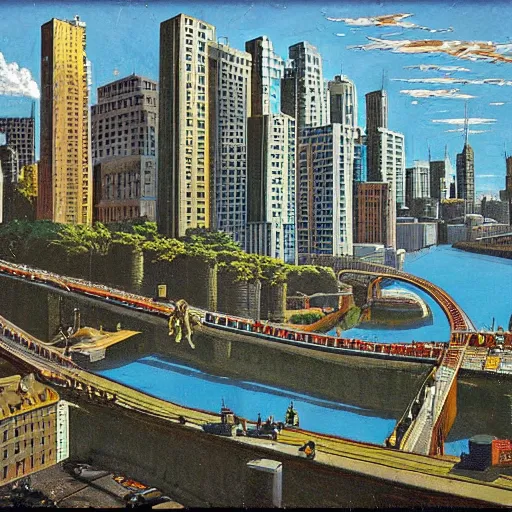 Prompt: placid carboniferous by john philip falter. a installation art of a cityscape. the installation art shows a view from an elevated train line of the city below.