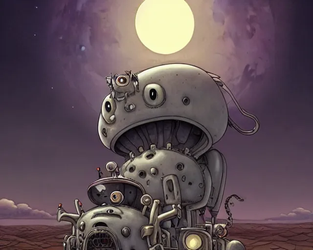 Image similar to a cell shaded cartoon grey lovecraftian mechanized demon from howl's moving castle ( 2 0 0 4 ), with a big head, on a desert road, wide shot, in front of a big moon, muted colors, post grunge, josan gonzales, wlop, by james jean, victor ngai, hq, deviantart, art by artgem