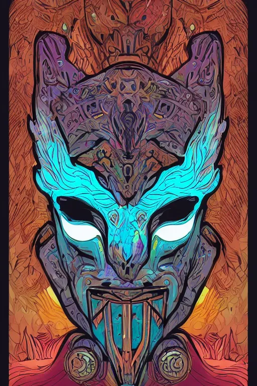 Image similar to animal mask totem roots flower tribal feather gemstone plant wood rock shaman vodoo video game vector cutout illustration vivid multicolor borderlands comics by josan gonzales and dan mumford radiating a glowing aura