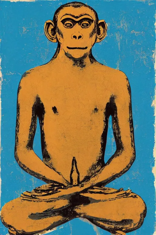 Prompt: meditating monkey in the lotus position painted by cy twombly and andy warhol