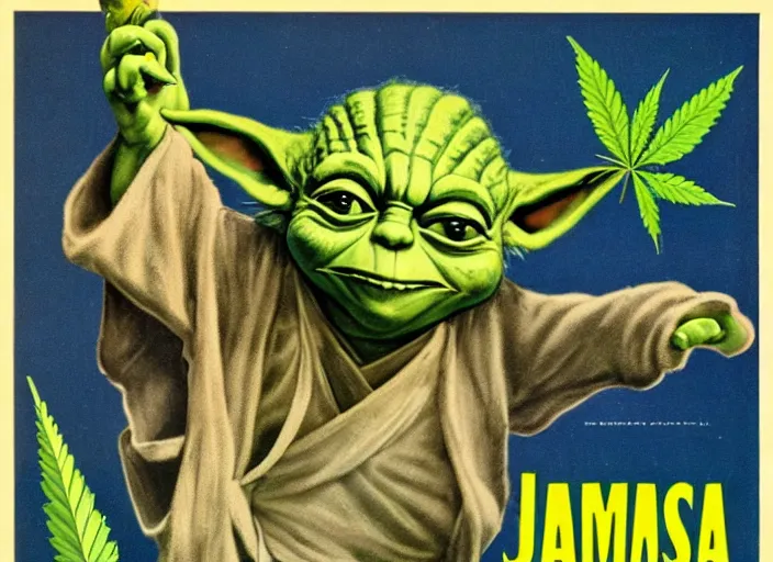 Prompt: vintage travel advertisement for jamaica, of yoda made out of cannabis