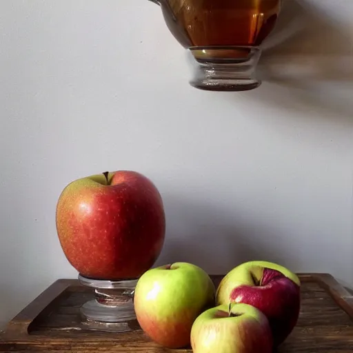 Prompt: beautiful still life, a glass pitcher and apples and tea cups on a shelf