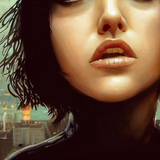 Image similar to closeup portrait of natalie portman from the movie leon the professional, matilda, hitman, city background, dramatic light, gorgeous view, depth, high detail, digital art, painted by greg rutkowski and seb mckinnon, by tim burton, trending on artstation