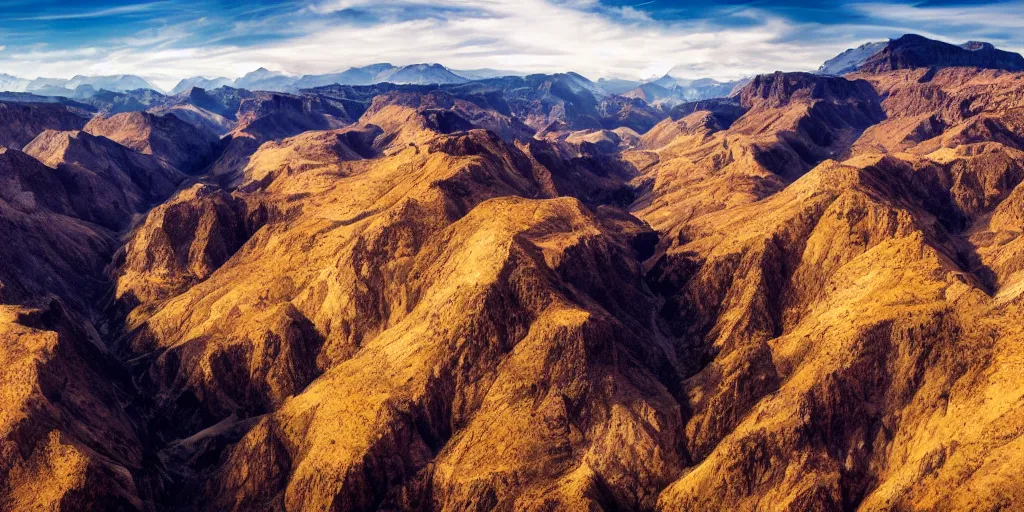 Prompt: drone shot photo of a landscape with mountains an canyons, wallpaper, very very wide shot, warm, national geographic, award landscape photography, professional landscape photography, sunny, day time, beautiful