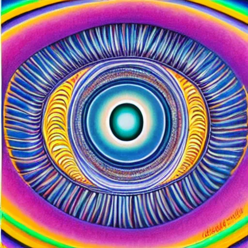 Prompt: Alex Grey painting of someone putting on a contact lens, repeating patterns