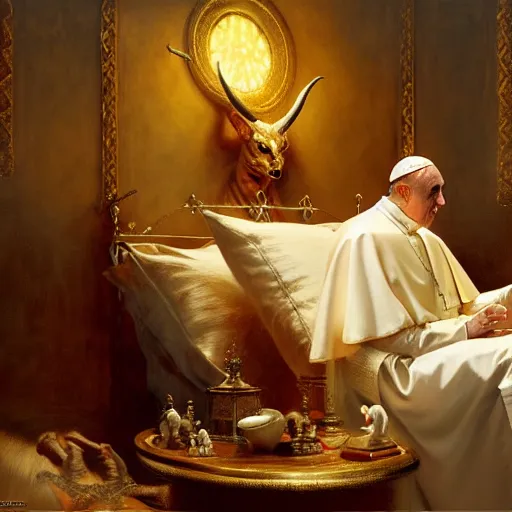 Prompt: the pope is in his bed, nervous and terrified, because a double horned shadow demon from hell lurks in the wallpaper of the bedroom. highly detailed painting by gaston bussiere, j. c. leyendecker, greg rutkowski, craig mullins 8 k