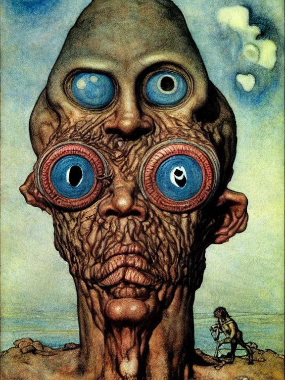 Image similar to one-eyed single-eyed blue-skinned Cyclops Polyphemus with one huge eye. Extremely high detail, details, realistic, solo, masterpiece, full-face portrait, colorful, art by Arthur Rackham, Muzinabu, Johann Tischbein, Zdzisław Beksiński