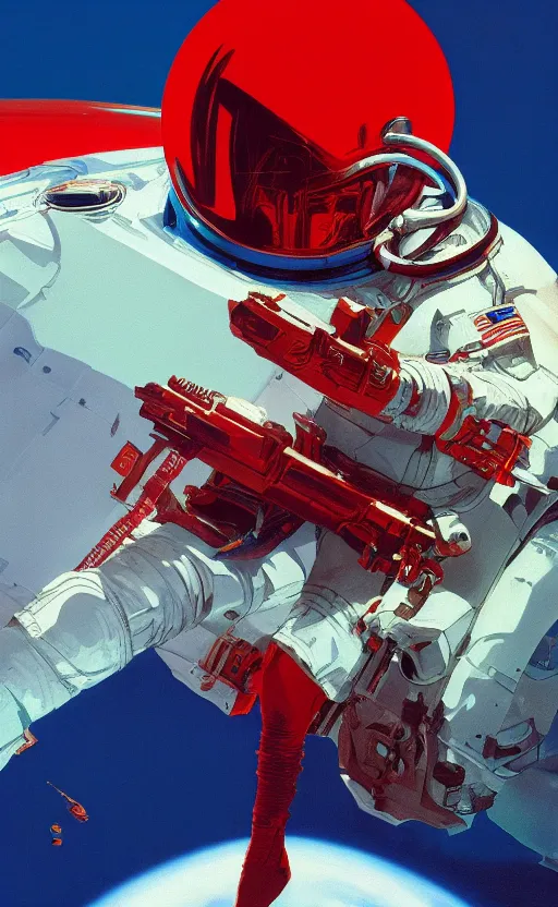 Prompt: detailed artwork by syd mead of an astronaut in a red alien ocean, drowning, high noon, red water under alien burning sun, 4k octane render, by syd mead