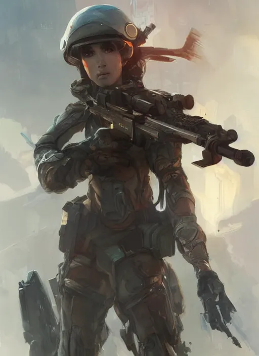 Image similar to of a beautiful sniper girl in war, with futuristic gear and helmet, portrait by ruan jia and ross tran, detailed, epic video game art, warm color tone