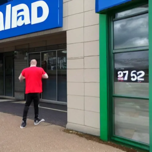 Image similar to a man terrified of entering an aldi supermarket, photo realistic