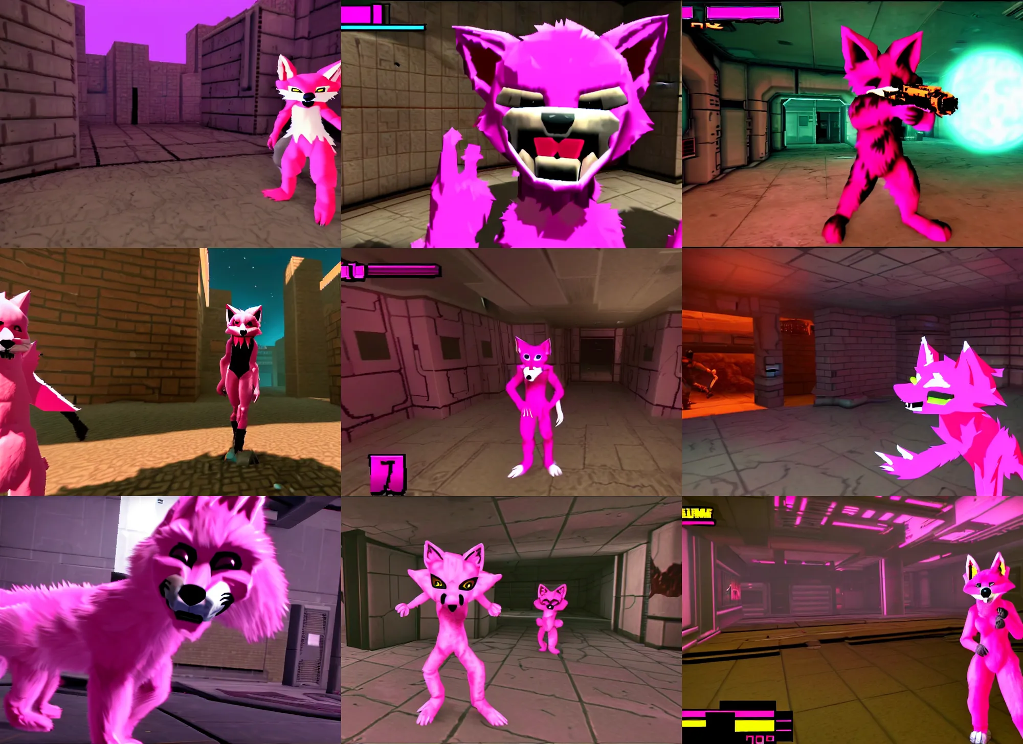 Prompt: pink fox furry fursuit in a screenshot of the video game doom!!!!!!!!, the furry fursuit is running