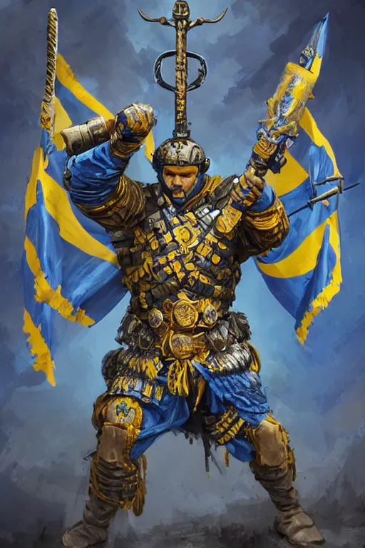 Image similar to a distant shot from below of a Ukrainian super soldier with blue and yellow flag behind him and a trident coat of arms on the chest standing alone on a huge pile of skulls posing as a winner, masculine muscular figure, D&D, fantasy, intricate, elegant, highly detailed, extremely detailed, digital painting, artstation, concept art, matte, smooth, hyper realistic, sharp focus, illustration, art by Artgerm and Greg Rutkowski and Alphonse Mucha