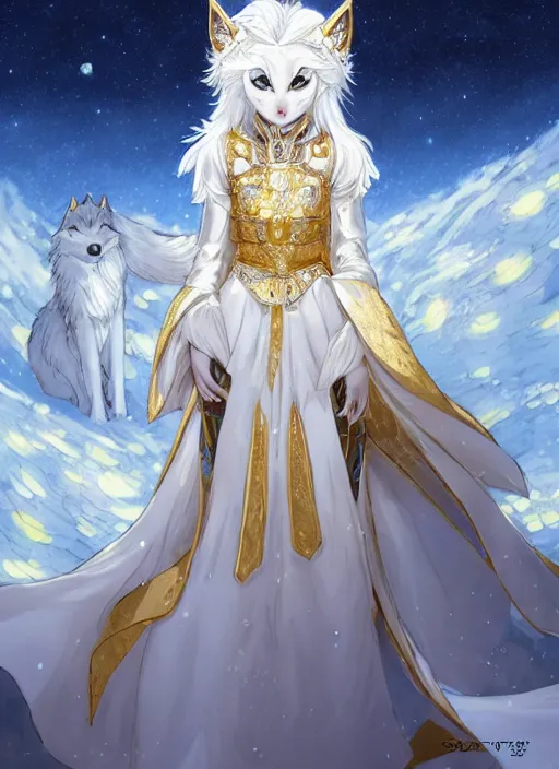 Image similar to commissioned full body portrait of a female anthro wolf princess fursona with white hair wearing a white and gold Japanese armored dress in a white and gold palace on a starry night with a large crescent moon, by a professional manga illustrator, Stanley Artgerm Lau, WLOP, Rossdraws, James Jean, Andrei Riabovitchev, Marc Simonetti, and Sakimichan, trending on artstation