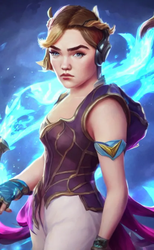 Prompt: Florence Pugh as a character in the game League of Legends, with a background based on the game League of Legends, detailed face, old 3d graphics