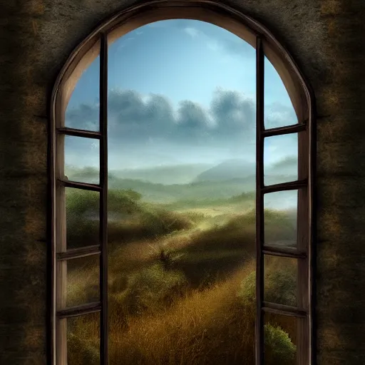 Prompt: a pre historic landscape seen through a window, digital art, trending on artstation