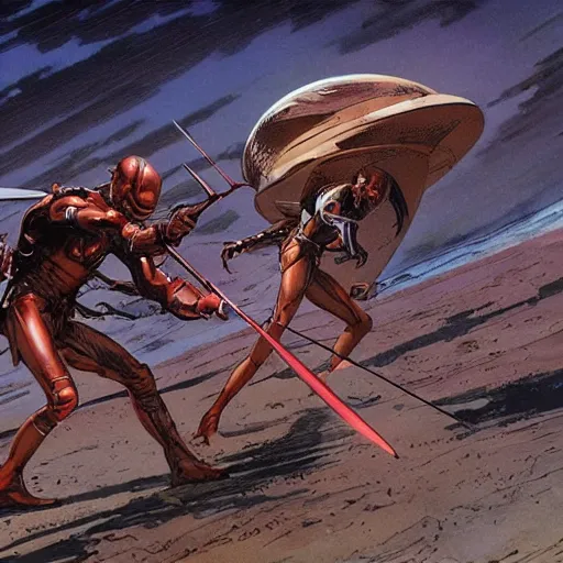 Prompt: futuristic doppelsoldner in combat by James Gurney and moebius.