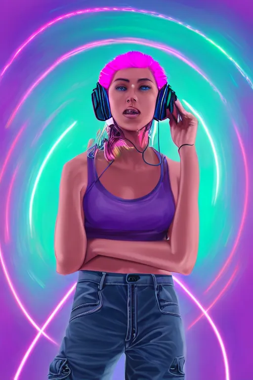 Image similar to a award winning half body portrait of a beautiful woman with stunning eyes in a croptop and cargo pants with ombre purple pink teal hairstyle listenin to music with headphones on her ears by thomas danthony, surrounded by whirling illuminated lines, outrun, vaporware, shaded flat illustration, digital art, trending on artstation, highly detailed, fine detail, intricate