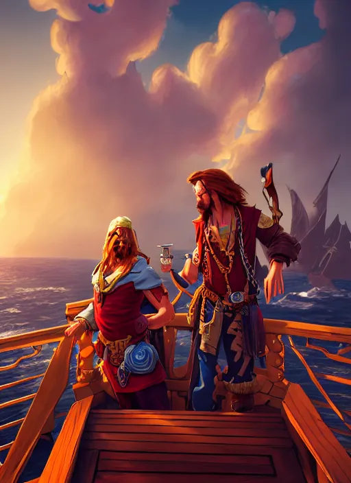 Image similar to an epic fantasy comic book style portrait painting of two bumbling idiot sky - pirates on the deck of a skyship looking at a chest, unreal 5, daz, hyperrealistic, octane render, cosplay, rpg portrait, dynamic lighting