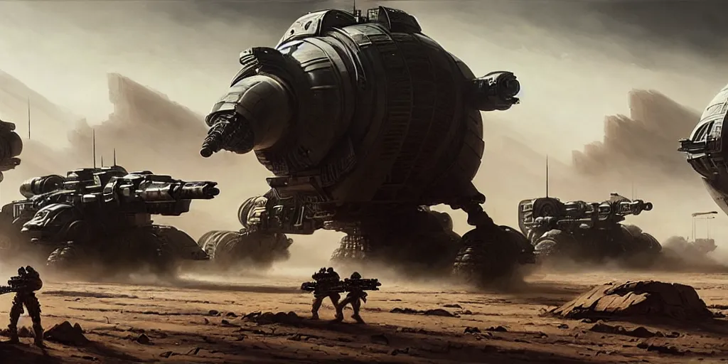 Image similar to hyper realistic sci - fi matte concept art painting of epic cinematic battle between mechwarriors and soldiers fighting on mars, guns, missiles, explosions, beautiful details, strong composition painted by kim jung guweta studio rutkowski, james gurney and greg rutkowski, and lucasfilm, smooth, intricate, detailed, sharp focus, cinematic