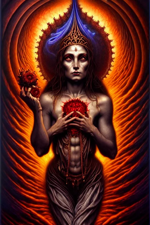 Image similar to A beautiful detailed godness woman super dark tarot card, by tomasz alen kopera and Justin Gerard, symmetrical features, ominous, magical realism, texture, intricate, ornate, royally decorated, melting, whirling smoke, embers, red adornements, red torn fabric, radiant colors, fantasy, trending on artstation, volumetric lighting, micro details, 3d sculpture, ray tracing, 8k, anaglyph effect