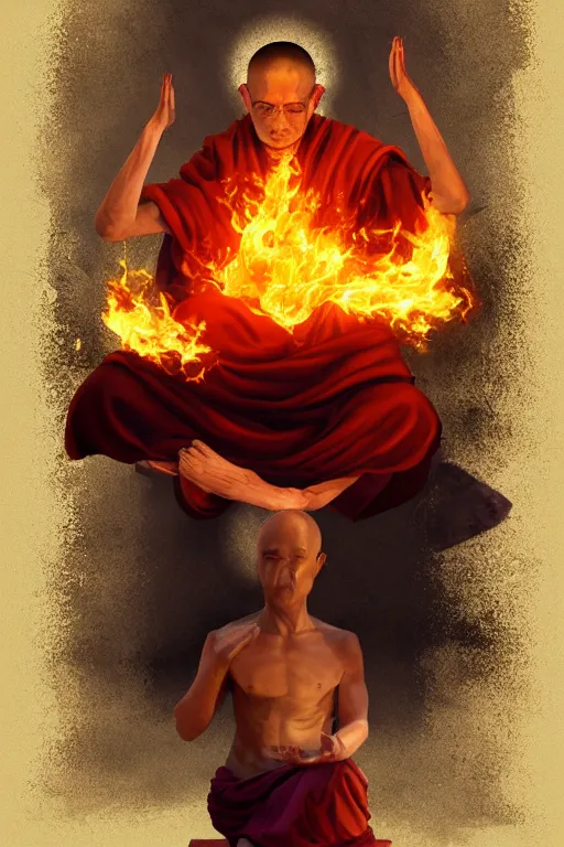 Prompt: A meditating monk on fire , Trending on artstation.
