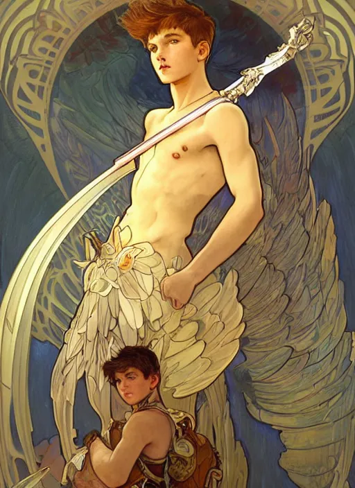 Image similar to digital character concept art by artgerm and greg rutkowski and alphonse mucha. portrait of a young 1 3 year old boy, a young god, icarus with mechanical bird wings, beautiful, holding a staff, detailed, poster art, light effect, glowing, hyper detail, intricate, elegant, digital painting, artstation, smooth, sharp focus