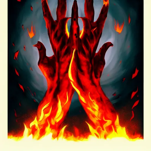 Image similar to two demonic hands hold the earth, flames in the background, artstation