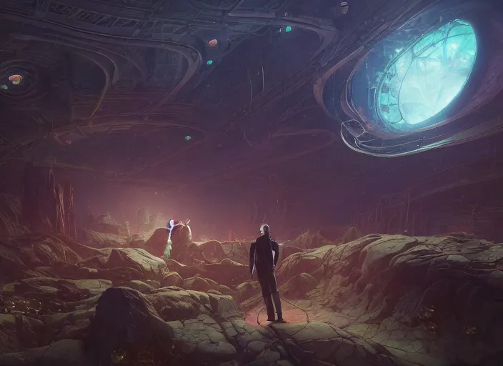 Image similar to lovecraft in a musical sci - fi space opera ghibli animated film, volumetric lighting, octane render by stanley artgerm lau, greg rutkowski, thomas kindkade, alphonse mucha, loish, norman rockwel,