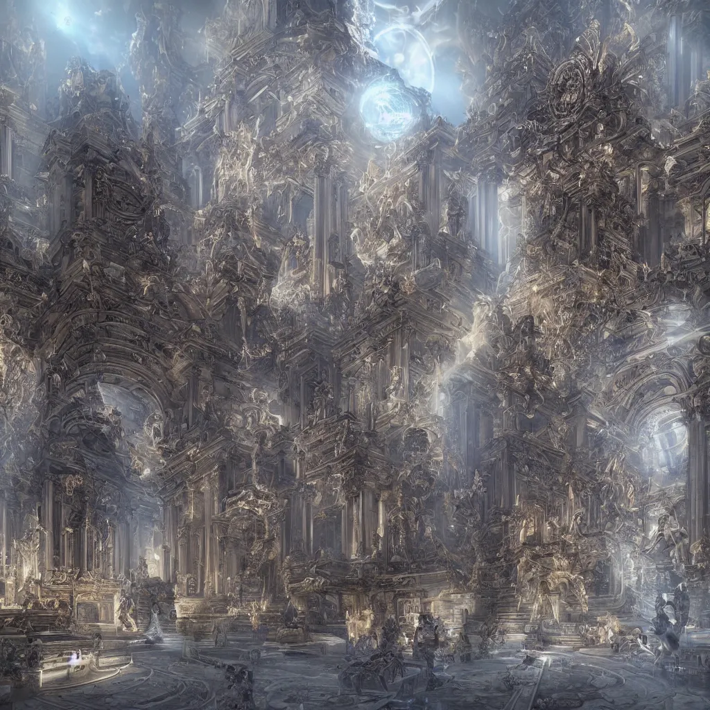 Image similar to “a baroque temple to artificial intelligence built by nano bots in the year 2100, with only one cyborg at the center observing moving particles of data, highly detailed in 4K, hyper realistic”