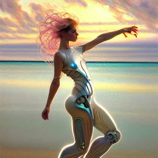 Prompt: organic cyborg dancer, white holographic plastic, shoreline, beach, sunset, fantasy, intricate, elegant, highly detailed, lifelike, photorealistic, digital painting, artstation, illustration, smooth, sharp focus, art by john collier and albert aublet and krenz cushart and artem demura and alphonse mucha