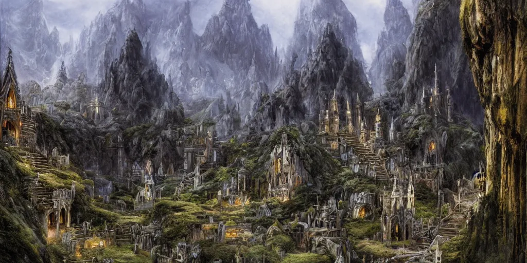 Prompt: an elven city built into the side of a mountain, pristine, by alan lee, lord of the rings, smooth, detailed terrain, oil painting, extremely detailed matte painting, trending on artstation