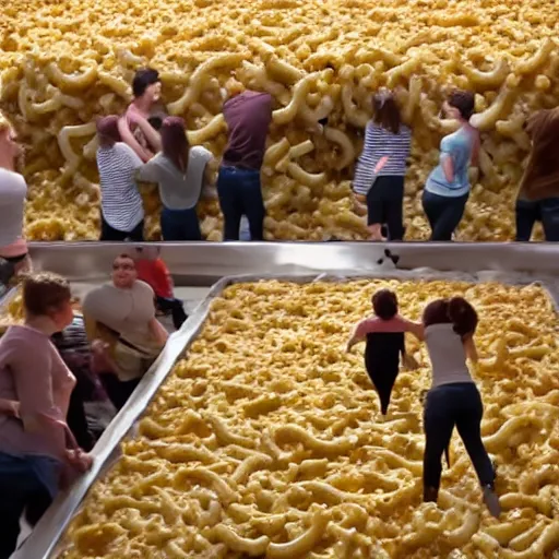 Image similar to a gathering of people trying to escape a dystopian city by climbing over a huge wall of mac n' cheese. still frame from a sci-fi movie.