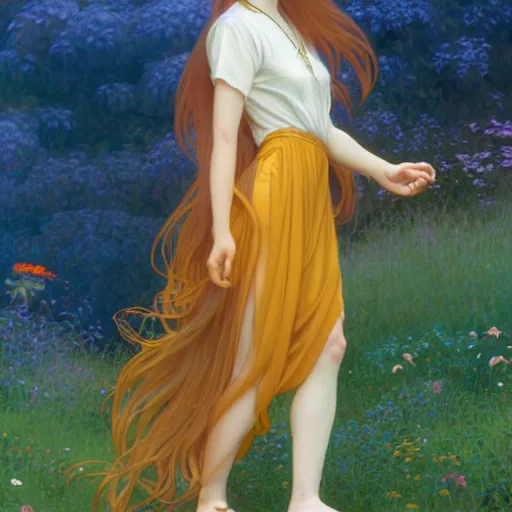 Image similar to A young woman with orange long hair and bangs in shorts and white shirt drawn by Donato Giancola and Makoto Shinkai, Edmund Leighton, Alphonse Mucha, background by James Jean and Gustav Klimt, 4k, porcelain skin, volumetric lighting, komorebi, french nouveau, trending on artstation, octane render, hyperrealistic