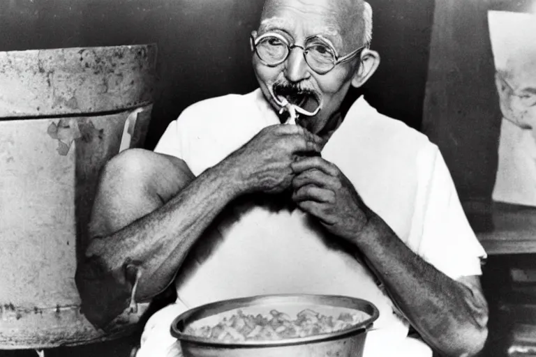 Image similar to candid photograph of ghandi secretly eating a bucket of kfc