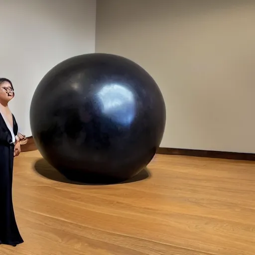 Image similar to a woman standing next to a large wooden ball, a marble sculpture by fernando botero, pexels contest winner, qajar art, full body, windows vista, ray tracing