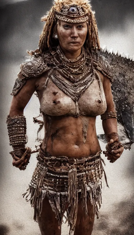 Prompt: sweated ancient princess tribewoman ready to fight, partially destroyed armor inspired monster hunter, low shot camera, muscular, symmetrical face, clean face, subtle make up, dramatic lighting, cinematic, establishing shot, extremely high detail, photorealistic, 300 the movie,monster hunter the movie, dune the movie, cinematic lighting, artstation, octane render, western,old photo, vintage, dust and destruction happening around her, freeze time