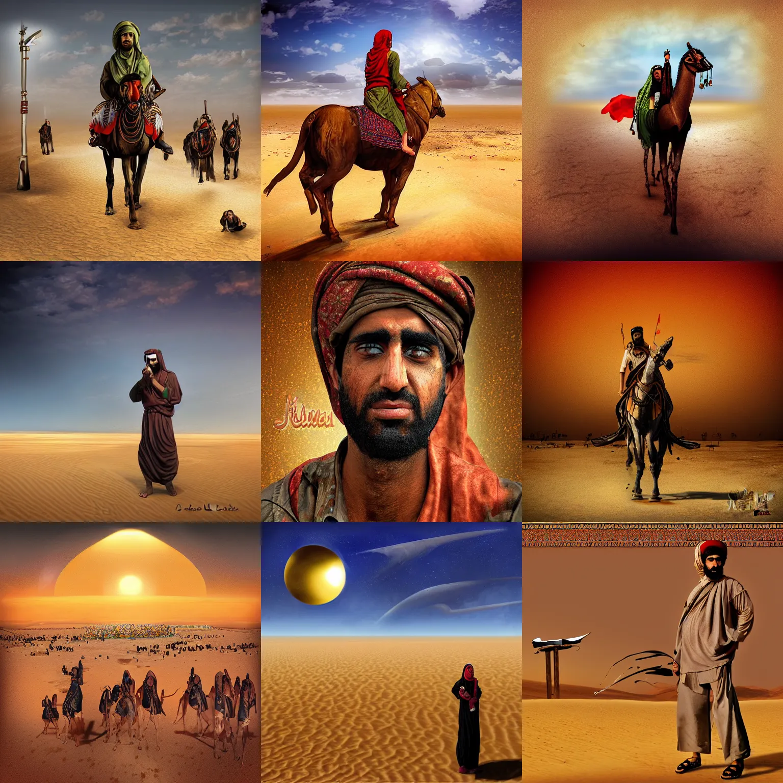 Prompt: Karbala Desert, Hussein at war, cruelty, realistic, digital art