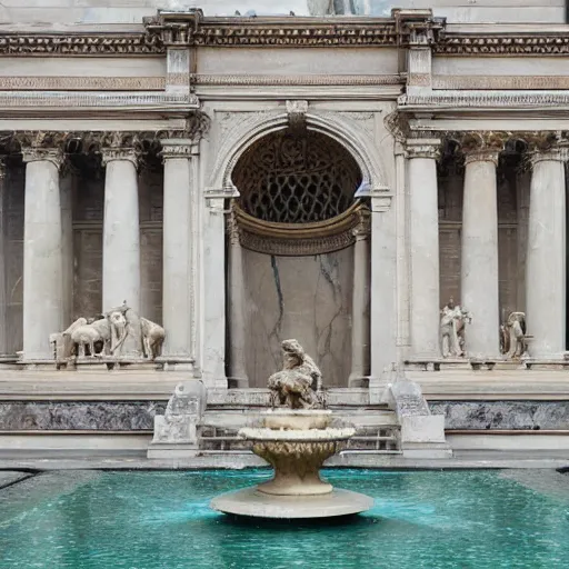 Image similar to an infinite expanse of marble fountains of differing design with occasional bronze figures in some of the fountains, empty scene with no people, no animals, no plants