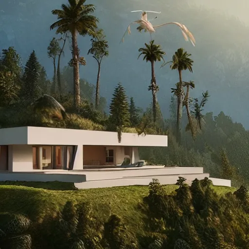 Prompt: modern villa inspired by a rooster, ultra detailed, matte painting, overlooking a valley, big trees, clouds, dramatic lighting, artstation, matte painting, raphael lacoste, simon stalenhag, frank lloyd wright, drone view