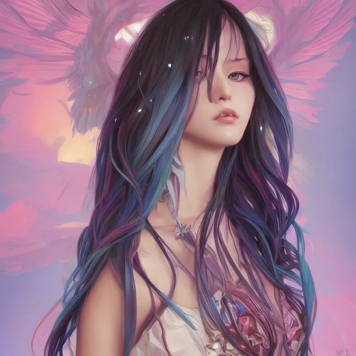 Image similar to portrait of beautiful symmetrical anime girl, rainbow hair, attractive, casual, modern, victoria's secret, highly detailed, digital painting, artstation, concept art, smooth, sharp focus, illustration, art by artgerm, greg rutkowski and alphonse mucha, 8 k,